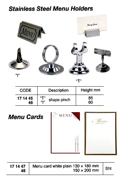 MENU HOLDER STAINLESS STEEL, I-SHAPE PINCH 60MM HEIGHT