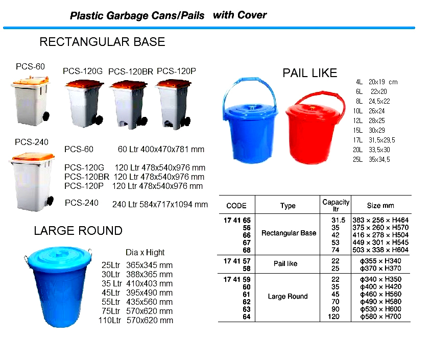 GARBAGE CAN PLASTIC W/COVER, LARGE ROUND 120LTR