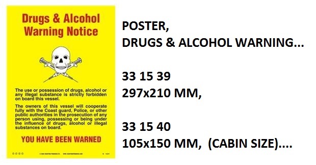 POSTER DRUGS & ALCOHOL WARNING, 150X105MM (CABIN SIZE)