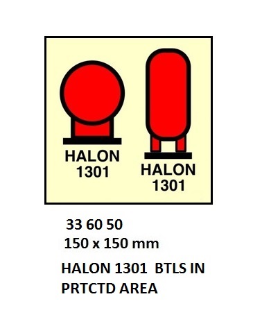 FIRE CONTROL SIGN HALON 1301, BTLS IN PRTCTD AREA 150X150MM