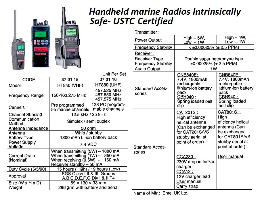 RADIO HAND MARINE ENTEL HT840, INTRINSICALLY SAFE VHF (USTC)