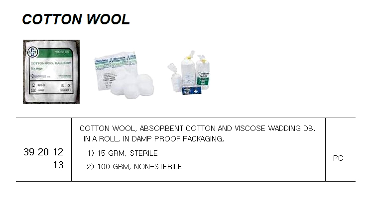 COTTON WOOL ABSORBENT, 100GM NON-STERILE FOR U.K.