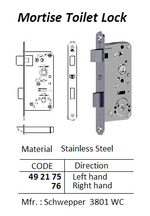 TOILET LOCK MORTISE STAINLESS, LEFT HAND #3801WC