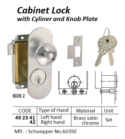 LOCK CABINET W/CYLINDER #6039Z, KNOB PLATE W:30MM LEFT