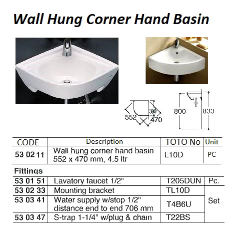HAND BASIN CORNER WALL HUNG, (L30D) 552X470MM 4.5LTR
