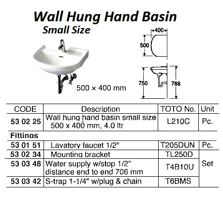 HAND BASIN WALL HUNG (L210C), SMALL SIZE 500X400MM 4.0LTR