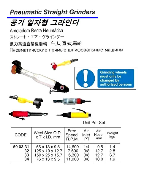 GRINDER STRAIGHT PNEUMATIC, WHEEL SIZE 125X19X12.7MM