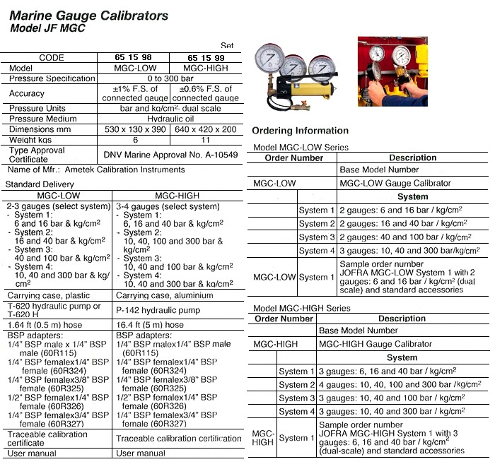 GAUGE CALIBRATOR MARINE AMETEK, MGC-HIGH 0 TO 300BAR