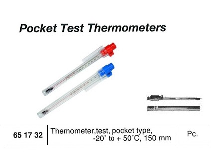 THERMOMETER TEST POCKET TYPE, -20 TO 50DEG.C 150MM