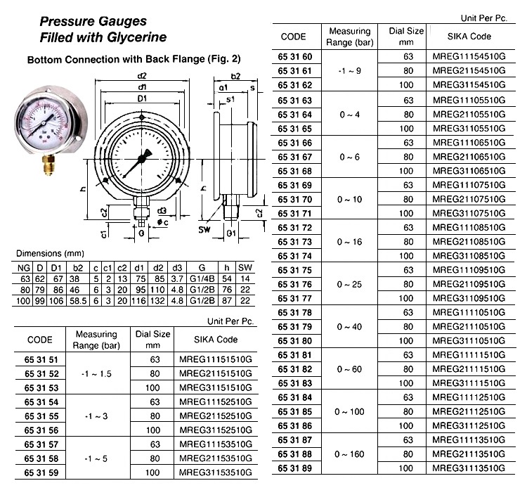 GAUGE PRESSURE GLYCERINE BOTTM, BACK -1-1.5BAR 100MM G1/2"