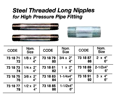 NIPPLE LONG STEEL 1 X 2", THREADED FOR H.P. PIPE FITTING