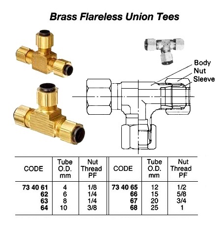 UNION TEE FLARELESS BRASS, 10MMXPF3/8