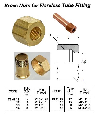 NUT BRASS FOR FLARELESS TUBE, FITTING 10MM