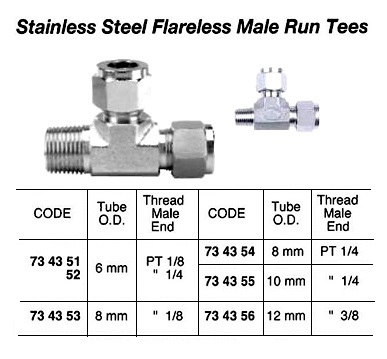 RUN TEE MALE STAINLESS STEEL, FLARELESS 10MMXPT1/4