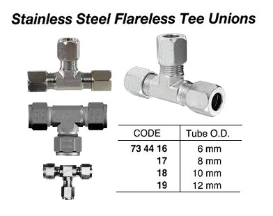 TEE UNION STAINLESS STEEL 10MM, FLARELESS