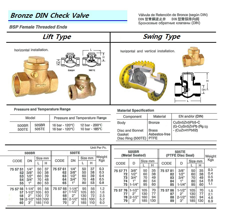 CHECK VALVE DIN BRONZE SCREWED, LIFT TYPE #500BR 1"