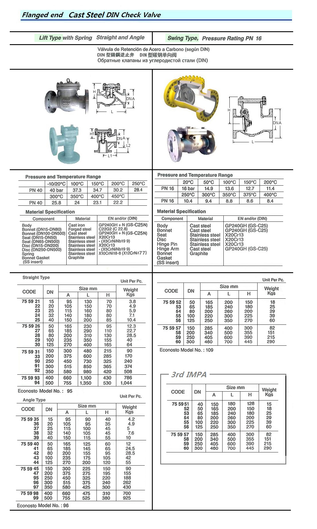 CHECK VALVE DIN CAST STEEL, FLANGED LIFT PN40 #95 DN 100