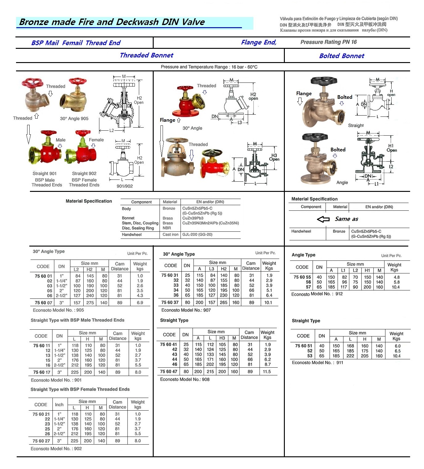 FIRE/DECKWASH VALVE DIN 30DEG., ANGLE COPPER ALLOY #905 1"