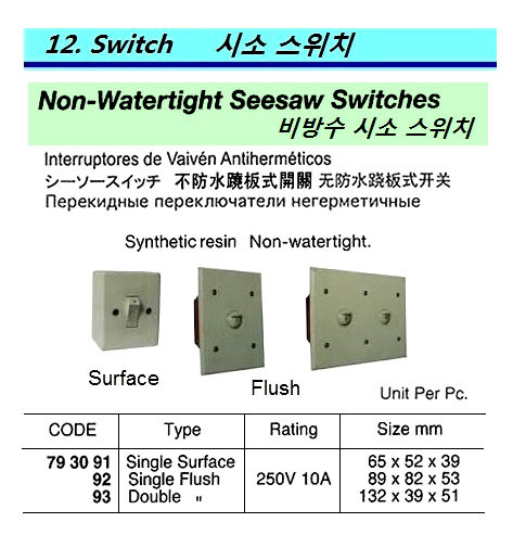 SWITCH SEESAW DOUBLE FLUSH, NON-WATERTIGHT 250V 10A