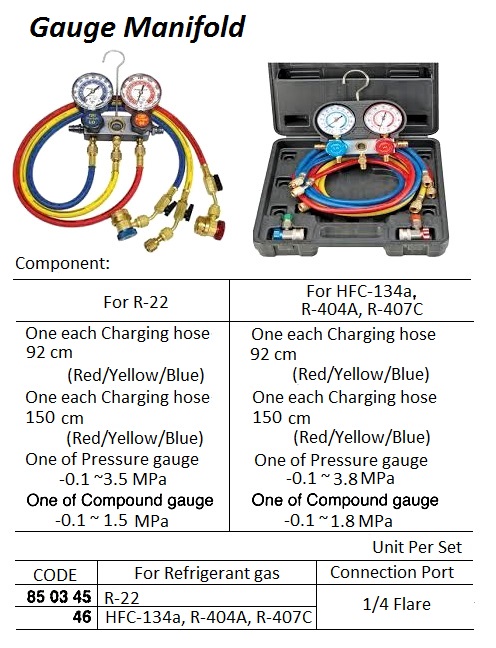 MANIFOLD GAUGE REFRIG GAS 1/4, FOR HFC-134A/R-404A/R-407C